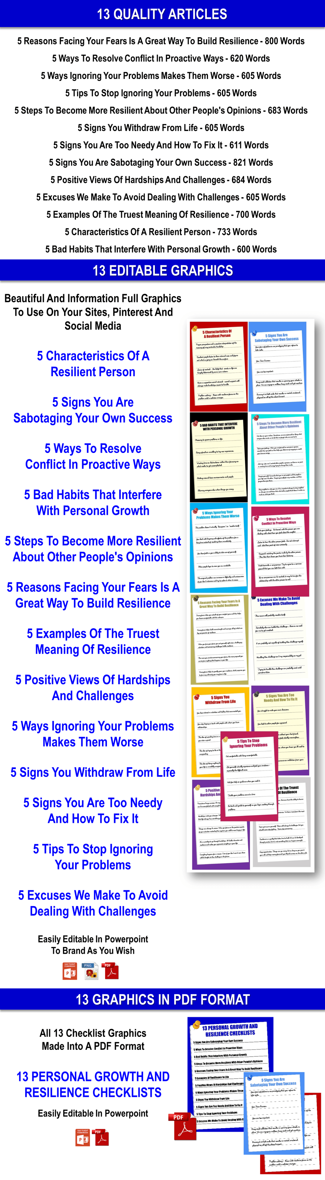 3 Personal Growth/Resilience Articles + 13 Editable Checklist Graphics