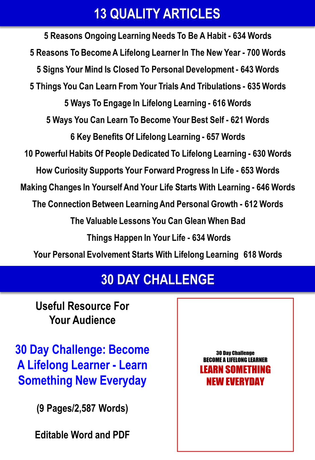 Learning For Life Articles + 30 Day Challenge Content With PLR Rights