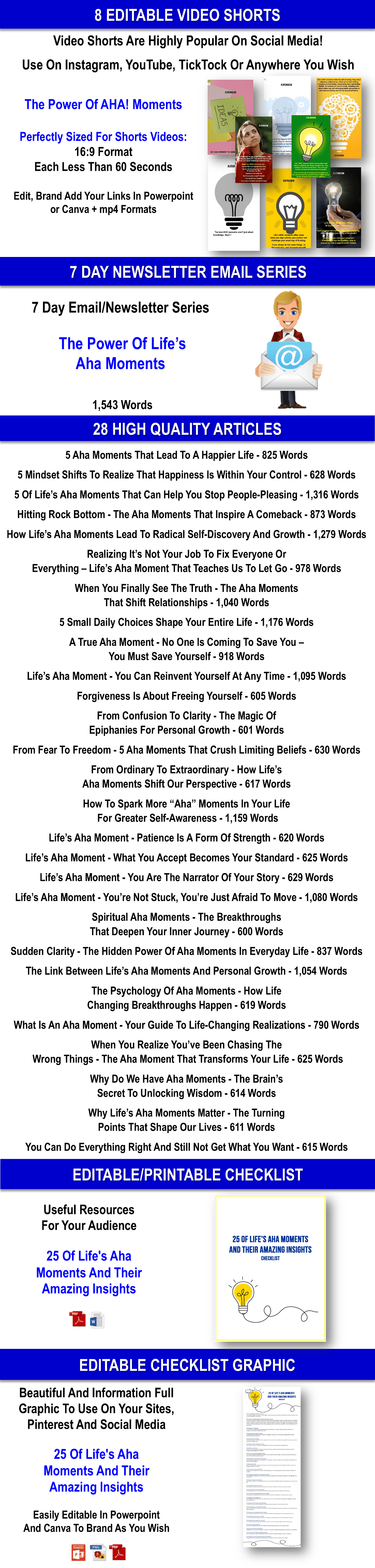 Life's Aha Moments And Their Insights Content Pack with PLR Rights