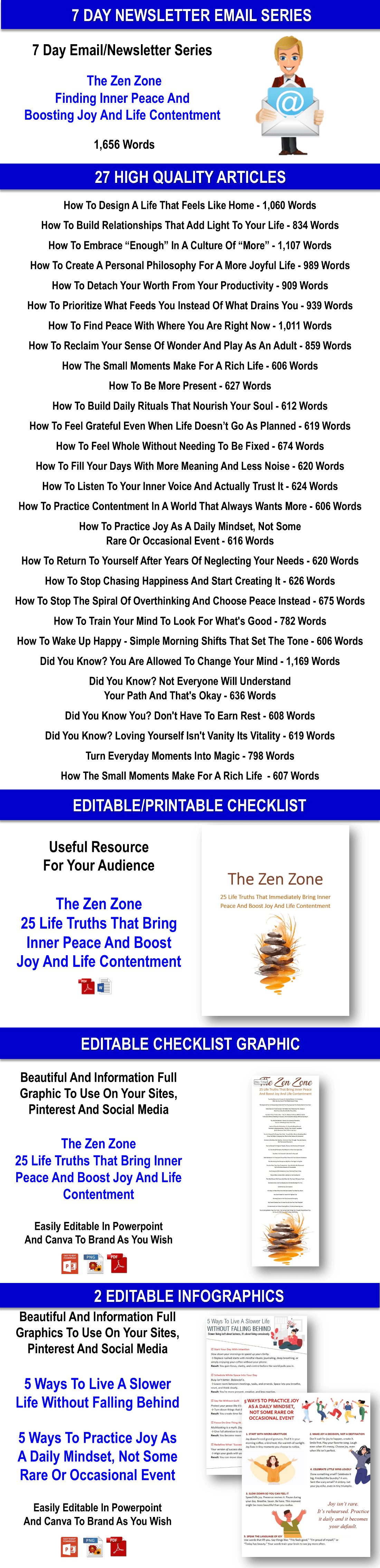 The Zen Zone - 25 Life Truths That Immediately Bring Inner Peace And Boost Joy And Life Contentment Content Pack with PLR Rights