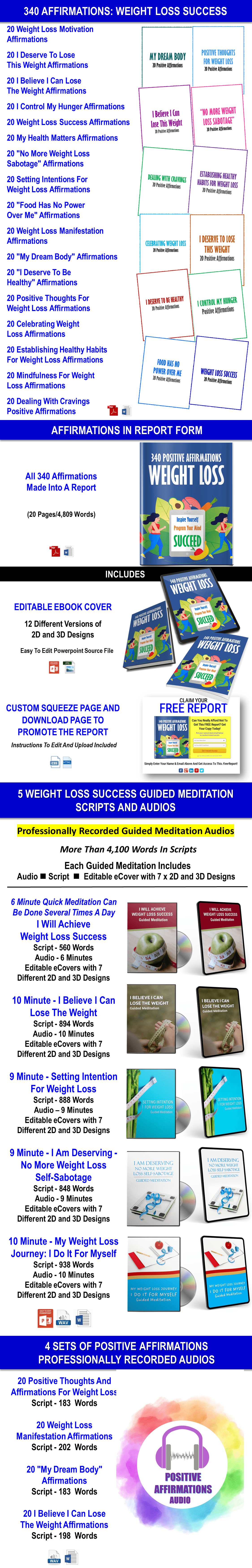 Weight Loss Success - 340 Positive Affirmations And Guided Meditations Giant Content Pack PLR Rights