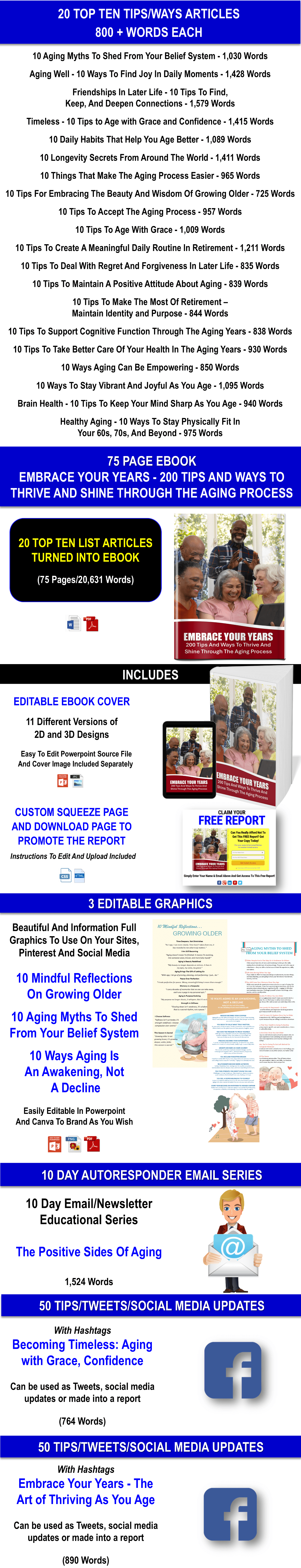 Embrace Your Years – Top 10 Lists: 200 Tips To Thrive In Aging Content Pack with PLR Rights