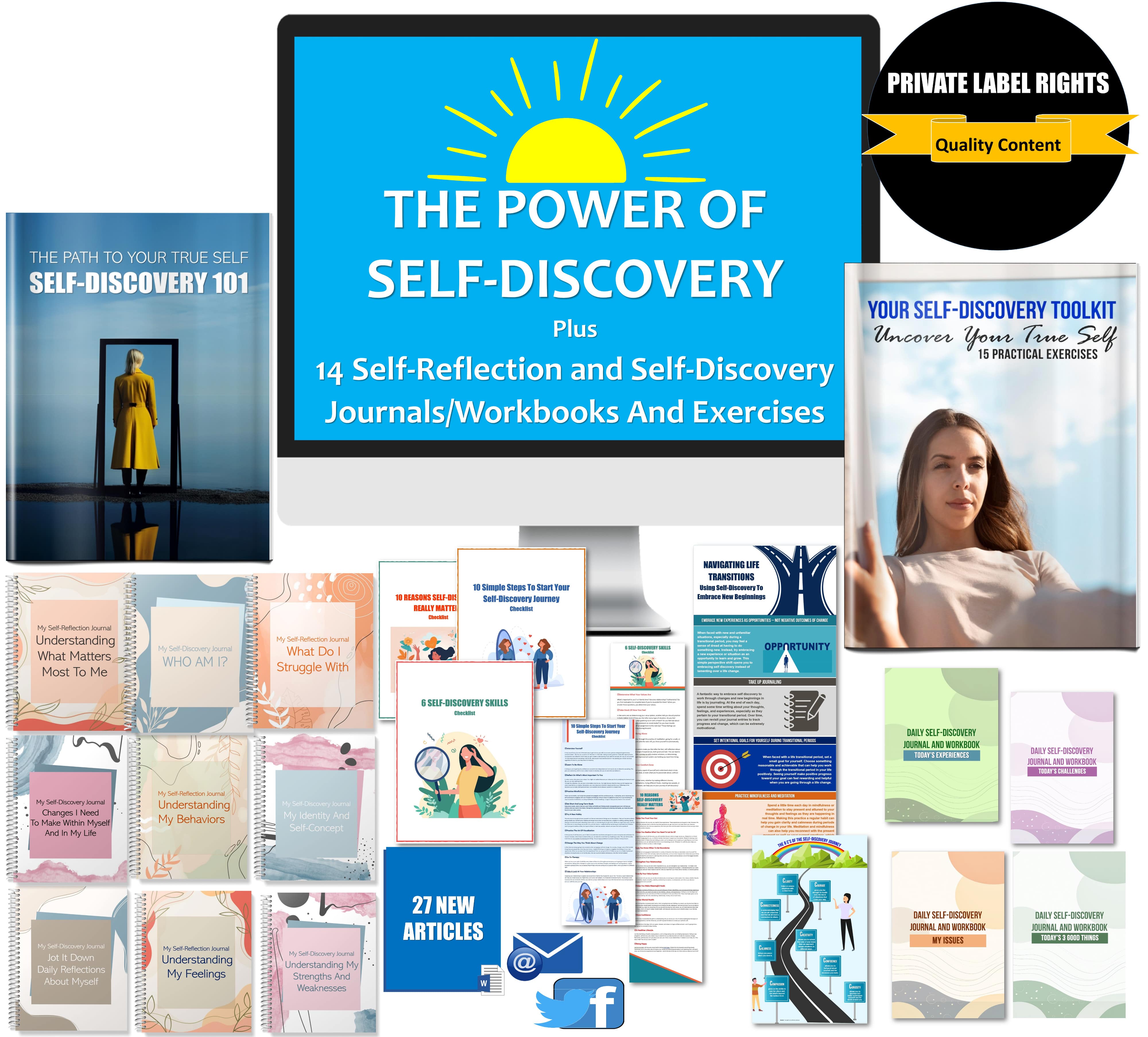 The Power Of Self-Discovery + 14 Self-Reflection Journals/ Workbooks And Exercises Content With PLR Rights