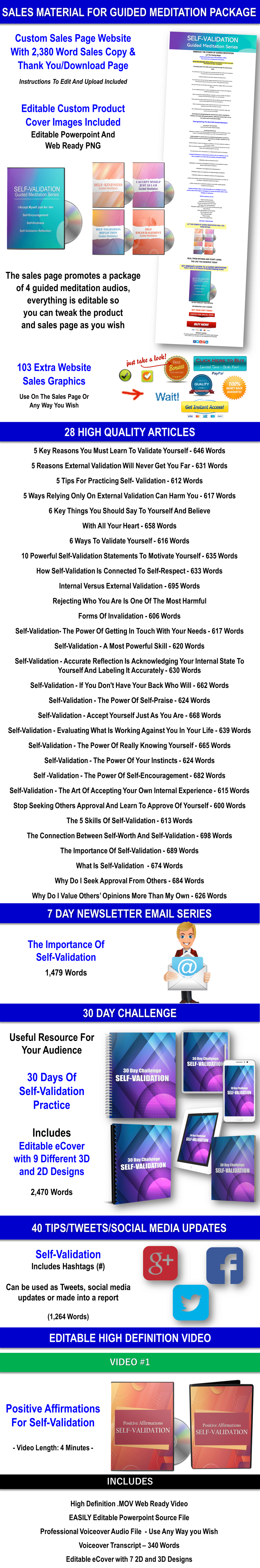 Self-Validation: 340 Affirmations And Guided Meditations Giant Content Pack PLR Rights