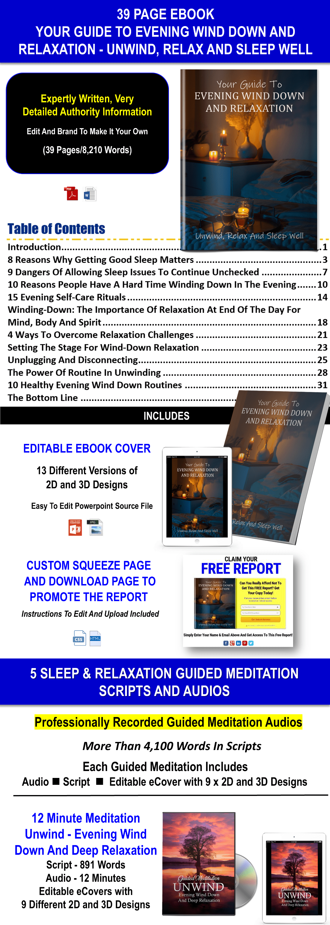 Evening Wind Down Routines & 5 Sleep And Relaxation Guided Meditations Content Pack with PLR Rights